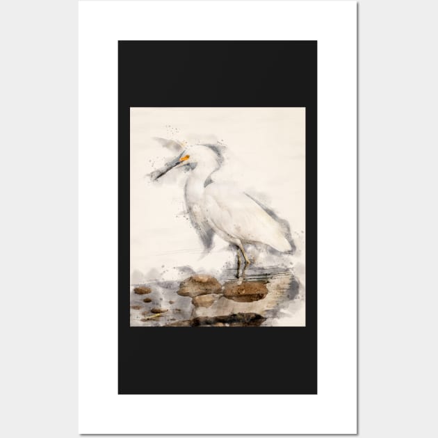 Snowy White Egret in Watercolor Wall Art by jecphotography